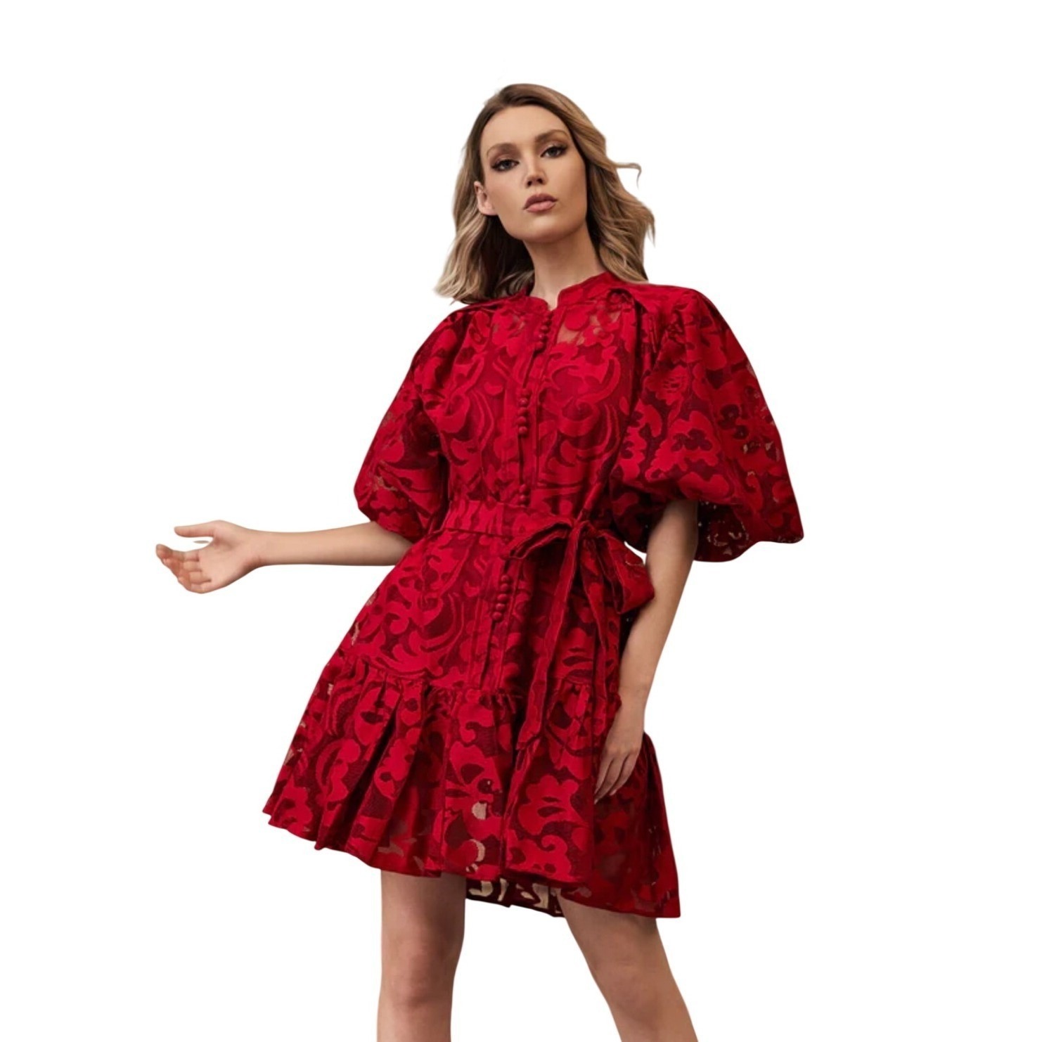 Roca Boutique Red Lace Puff Sleeve Ruffle Hem Button Front Mini Dress Women